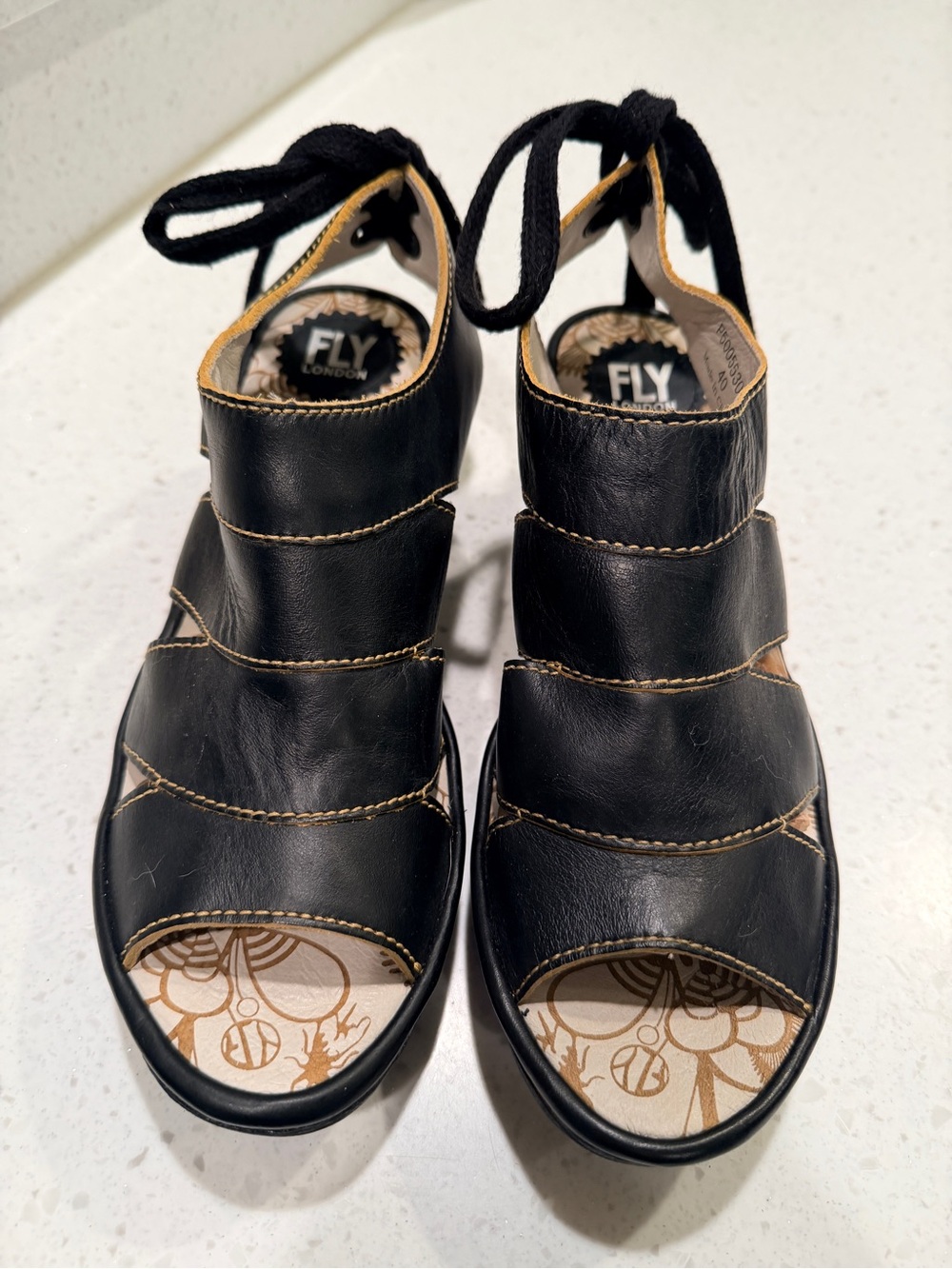 Fly London Black Leather Strappy Lace-Up Wedge Sandals